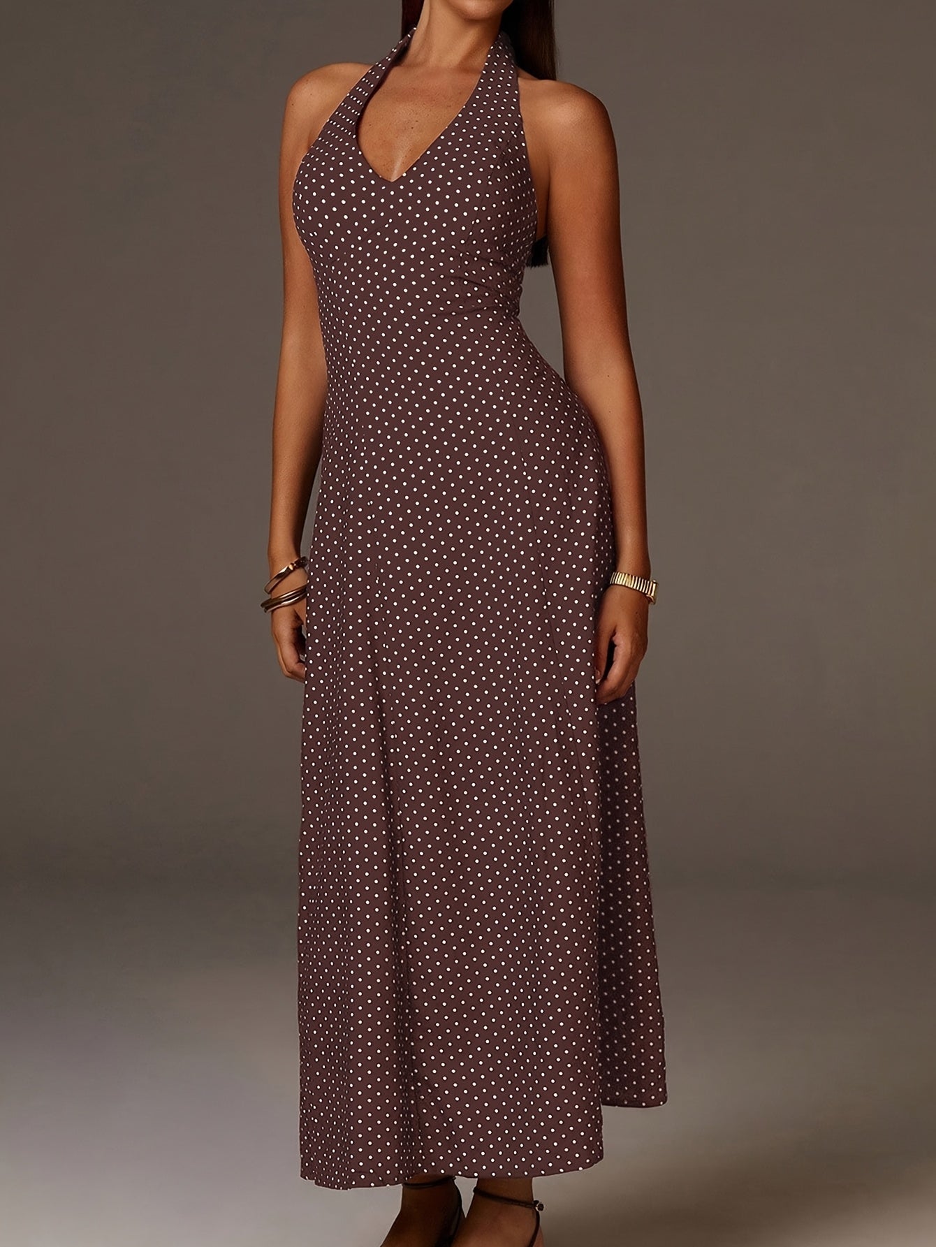 Vestido Maxi Mujer Lunares Cuello Halter Escote en V