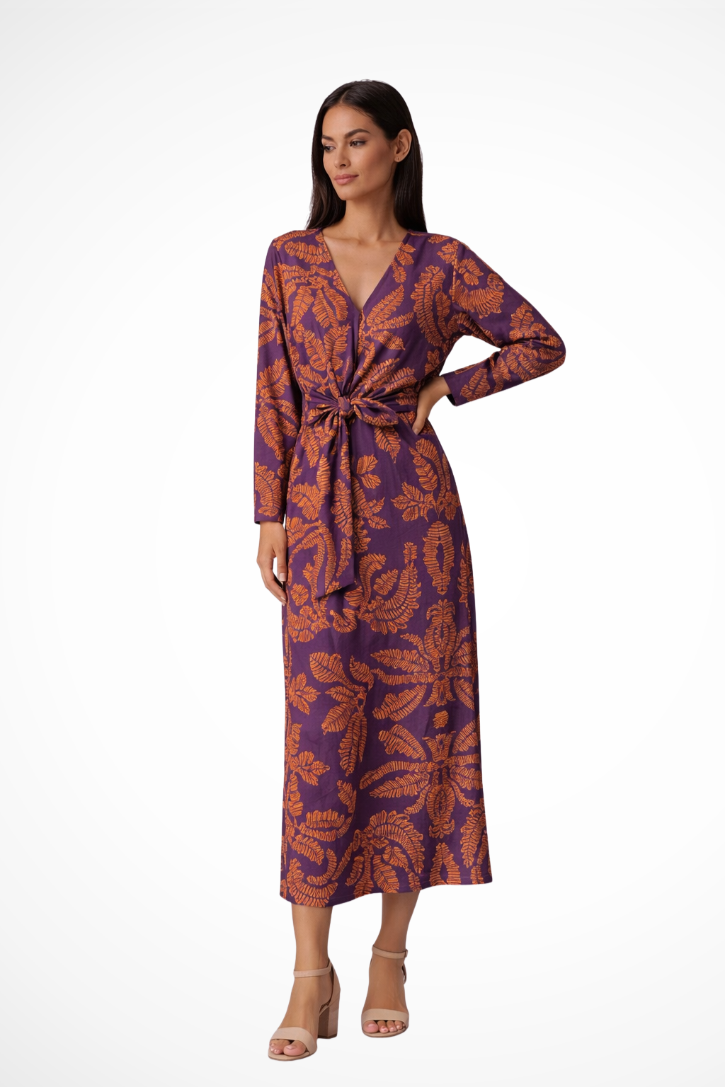 Vestido maxi mujer con cintura ajustable y manga larga elegante