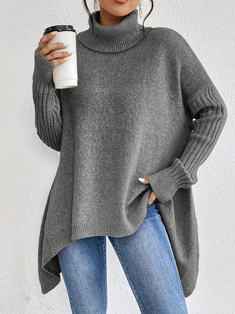 Jersey Mujer Cuello Alto Tejido Holgado
