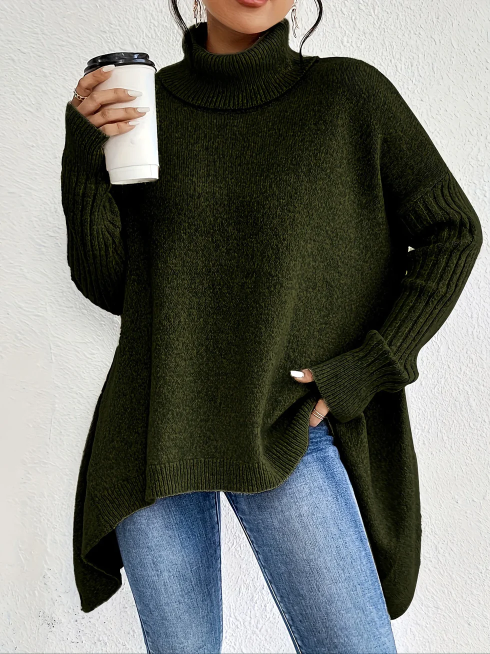 Jersey Mujer Cuello Alto Tejido Holgado