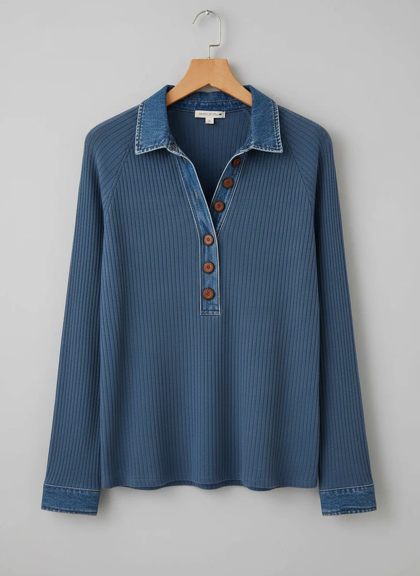 Jersey Unisex de Punto Acanalado Cuello Denim con Botones