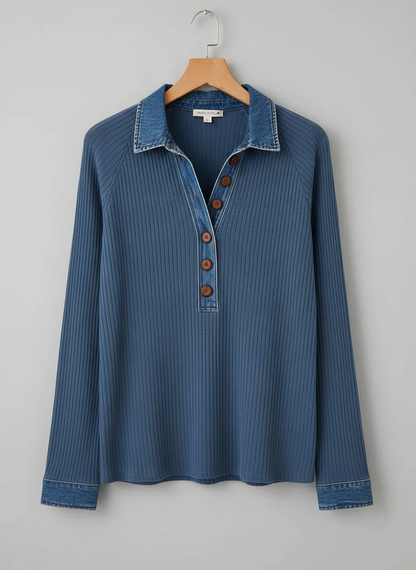 Jersey Unisex de Punto Acanalado Cuello Denim con Botones