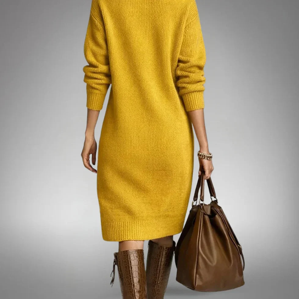 Vestido midi mujer de punto cuello alto con botones