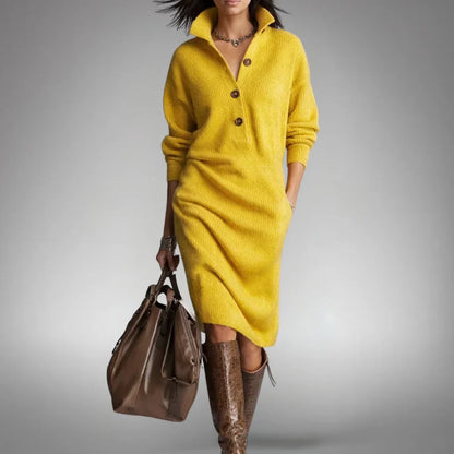 Vestido midi mujer de punto cuello alto con botones