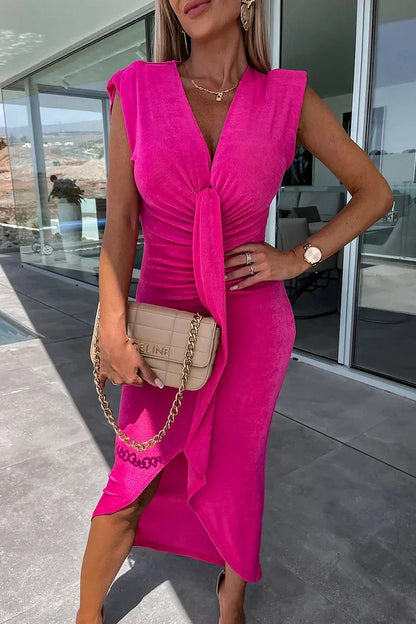 Vestido Mujer con Escote en V y Pliegues Asimétricos