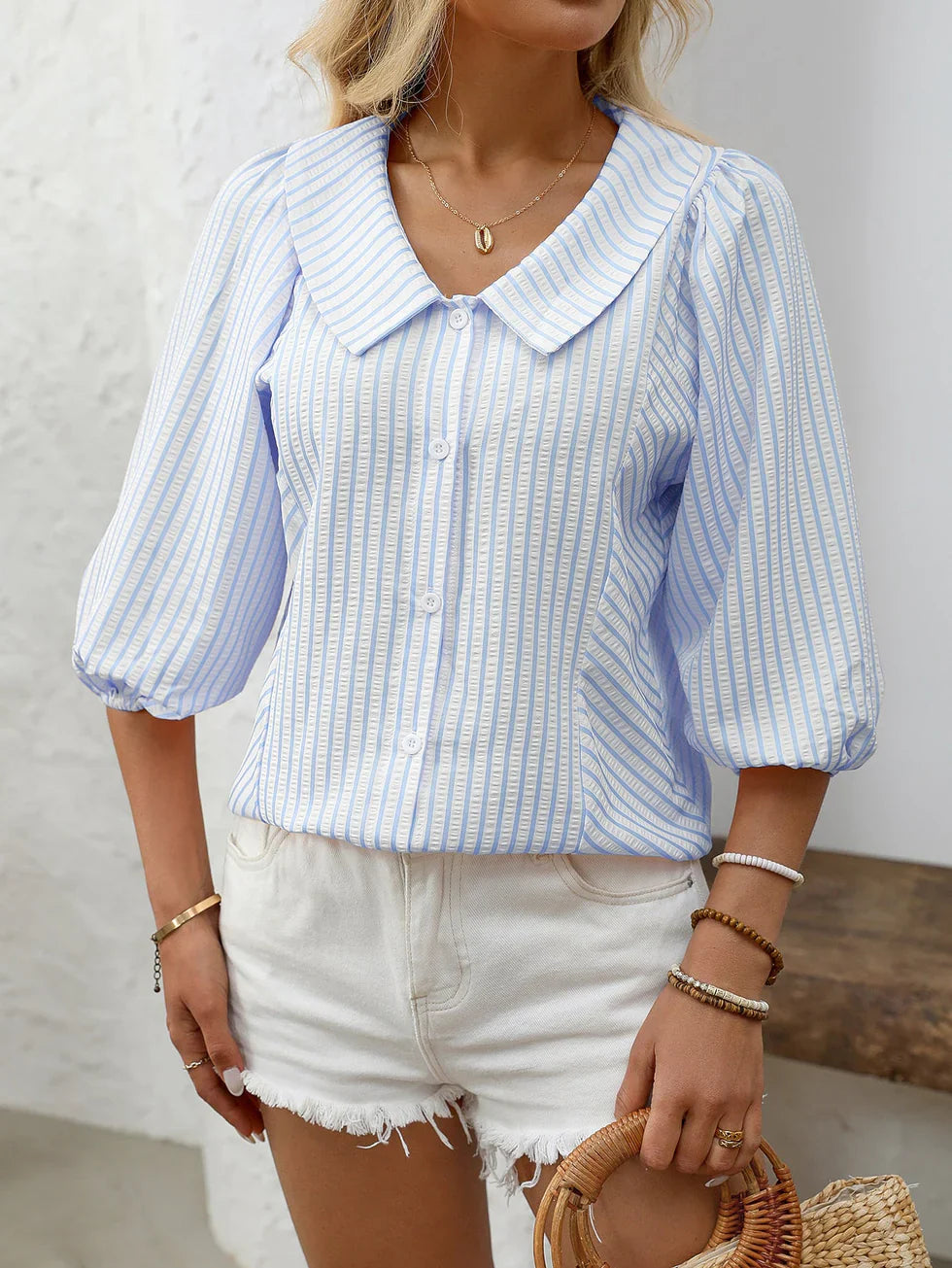 Blusa Mujer de Algodón Botones Manga Abullonada