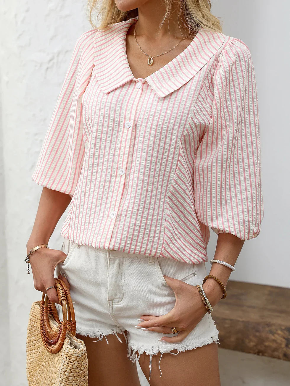 Blusa Mujer de Algodón Botones Manga Abullonada - Mavetta