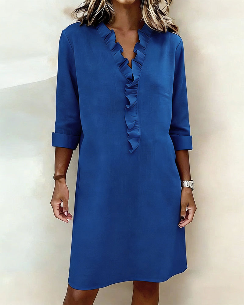 Vestido mujer lino algodón escote en V volantes casual