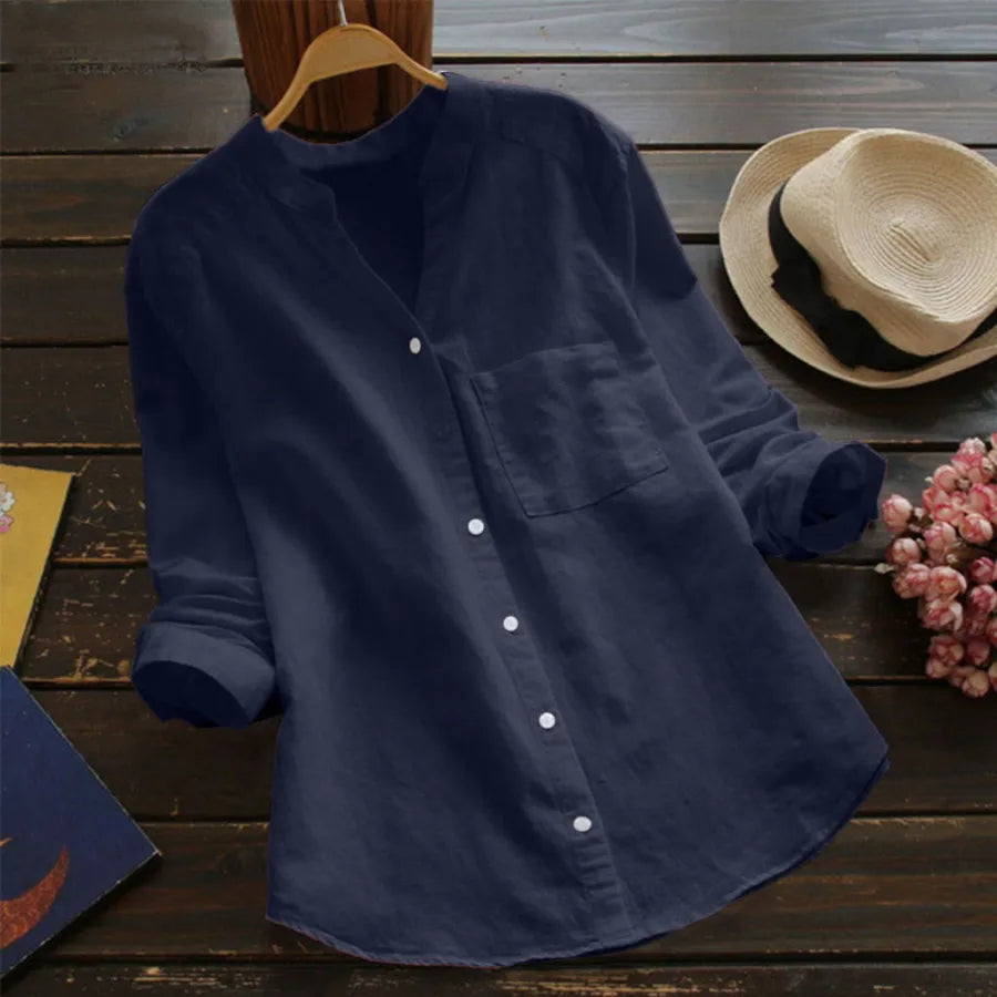 Camisa Mujer con Manga Larga Bolsillo y Cuello Sin Solapa