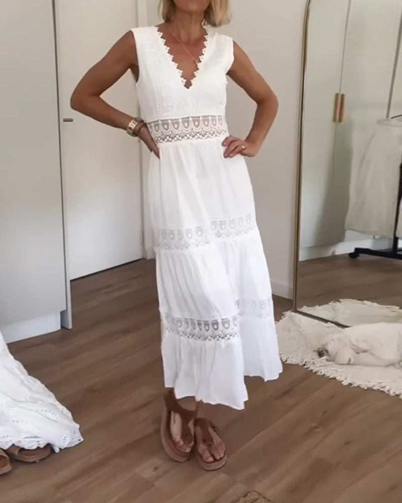Vestido midi mujer sin mangas escote en v estilo bohemio - Mavetta