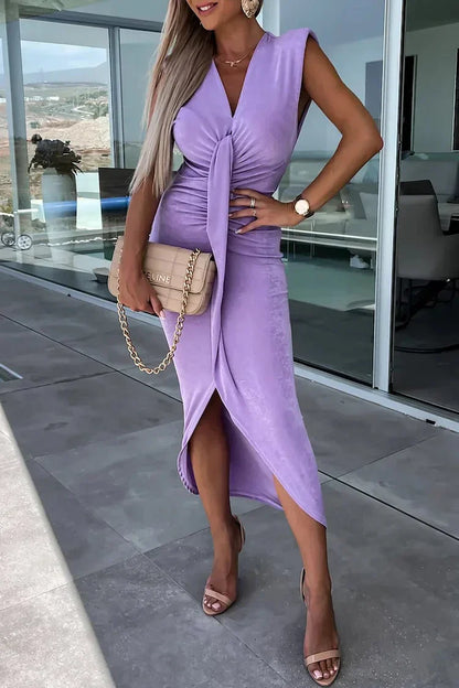 Vestido Mujer con Escote en V y Pliegues Asimétricos