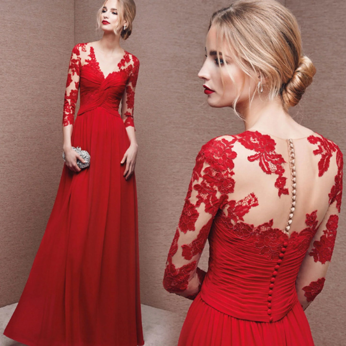 Vestido maxi mujer de encaje mangas largas corte fluido