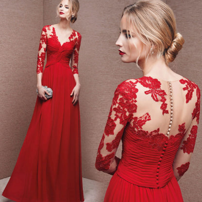 Vestido maxi mujer de encaje mangas largas corte fluido