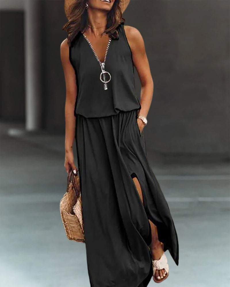 Vestido Mujer Suelto Escote en V Cremallera Decorativa