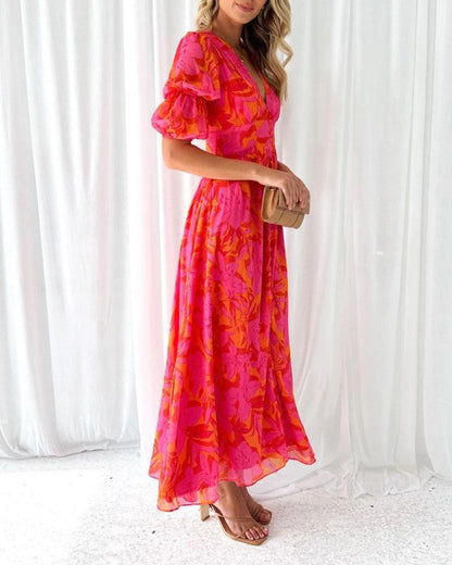 Vestido Verano Mujer Escote en V Mangas Abullonadas