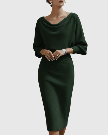 Vestido midi mujer Drapeado Manga Murciélago Escote Elegante
