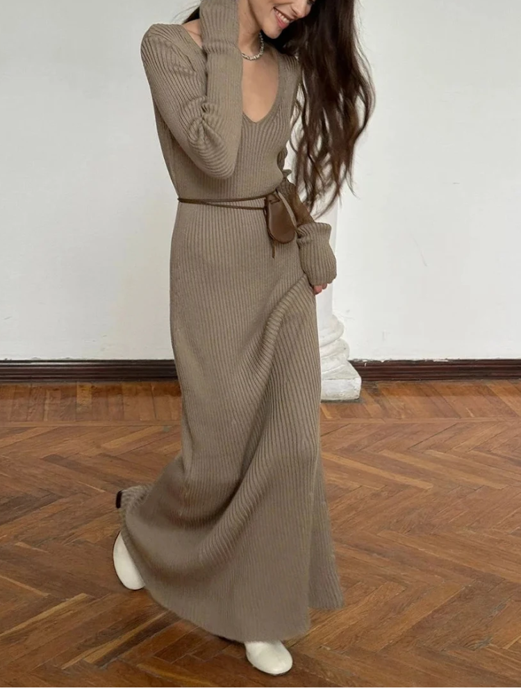 Vestido largo mujer de punto acanalado cuello en v manga larga