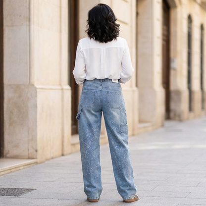 Pantalones Vaqueros Mujer Anchos Detalles Brillantes