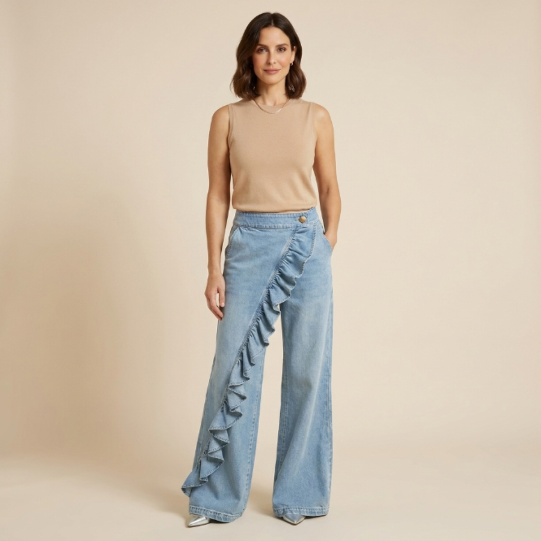 Pantalones Mujer Vaqueros Asimétricos con Volante Pierna Ancha - Mavetta