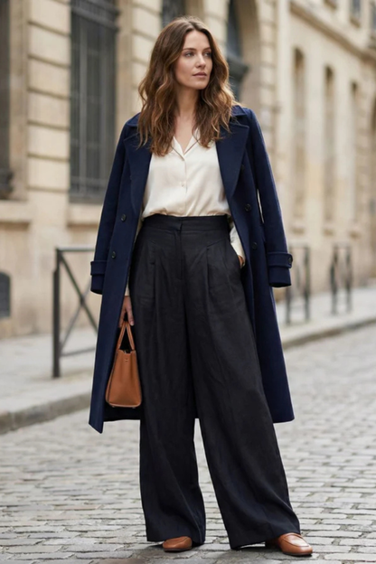 Pantalones Mujer Pata Ancha Pliegues Frontales Cintura Alta