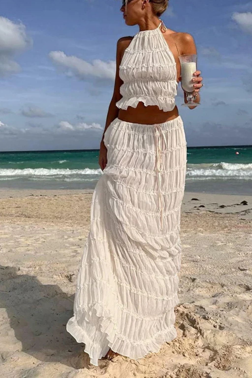 Conjunto Mujer Halter Fruncido y Falda Larga Fluida