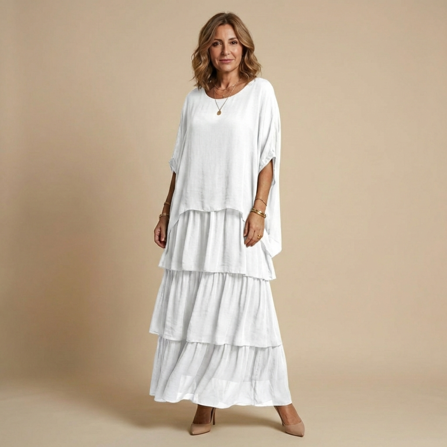 Vestido Largo Mujer Fluido en Capas Manga Suelta Corte Amplio