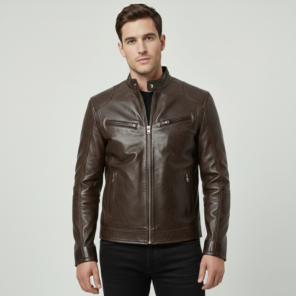 Chaqueta Hombre Cuero Sintético Cuello Alto Puños Ajustables