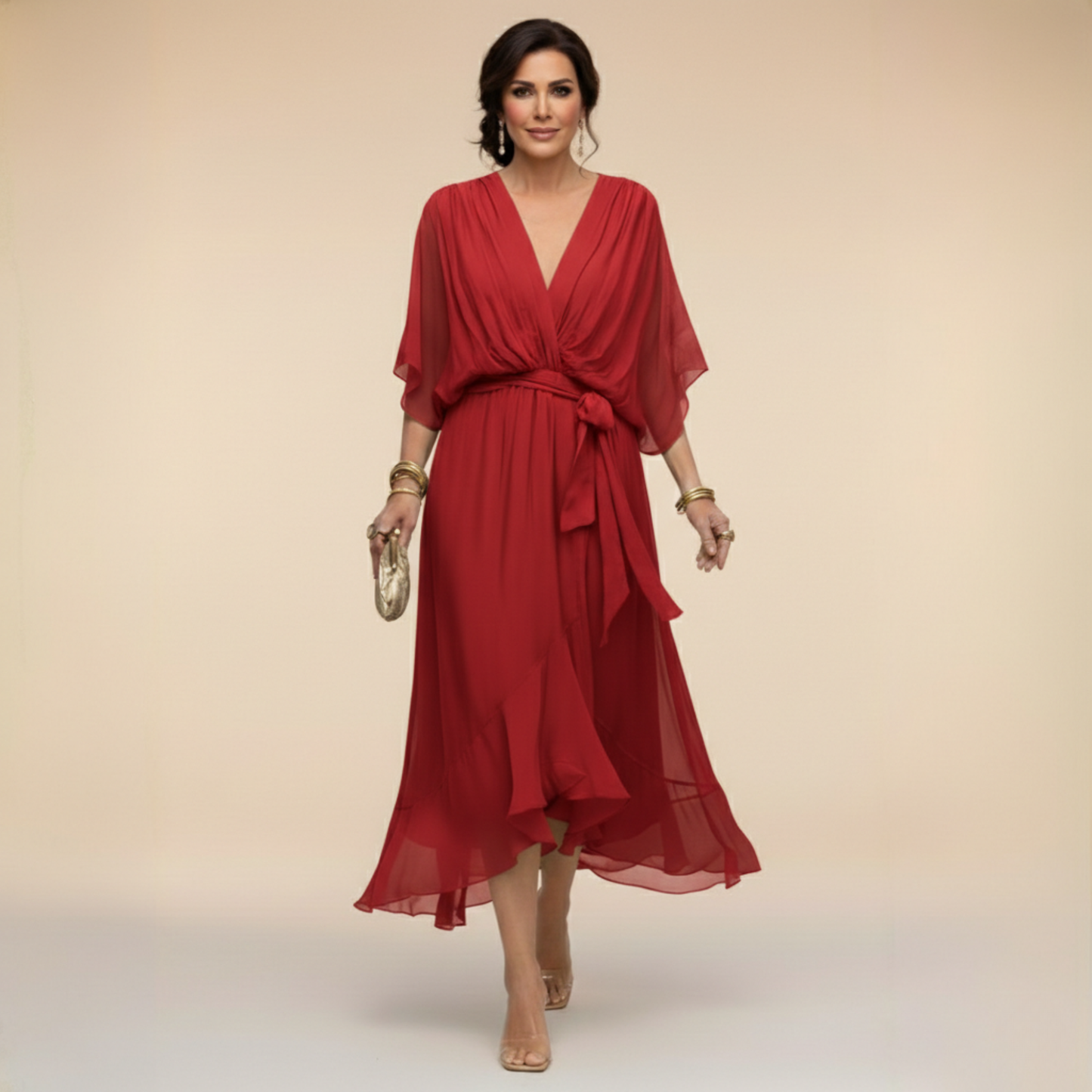 Vestido Midi Mujer Fluido Escote en V Cintura Ajustable