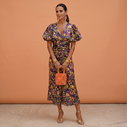 Vestido mujer escote en V mangas abullonadas estilo femenino