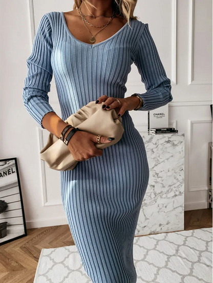 Vestido midi mujer de plumeti cuello en v manga larga