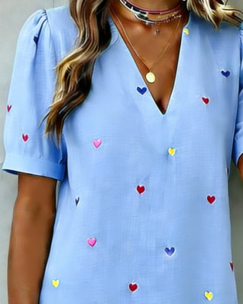 Vestido corto mujer algodón lino escote en V manga abullonada