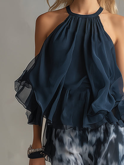 Conjunto Mujer de Chifón Halter Volantes Pantalón Ancho