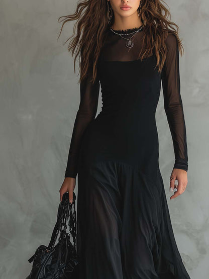 Vestido Maxi Mujer Gasa Mangas Transparentes Ajuste Elegante