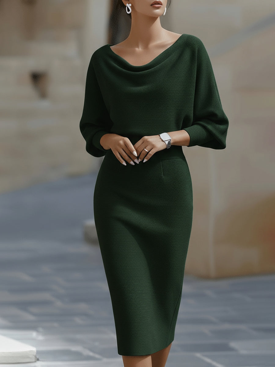 Vestido midi mujer con manga media y cuello drapeado ajustado