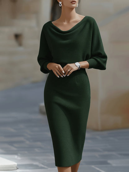 Vestido midi mujer con manga media y cuello drapeado ajustado