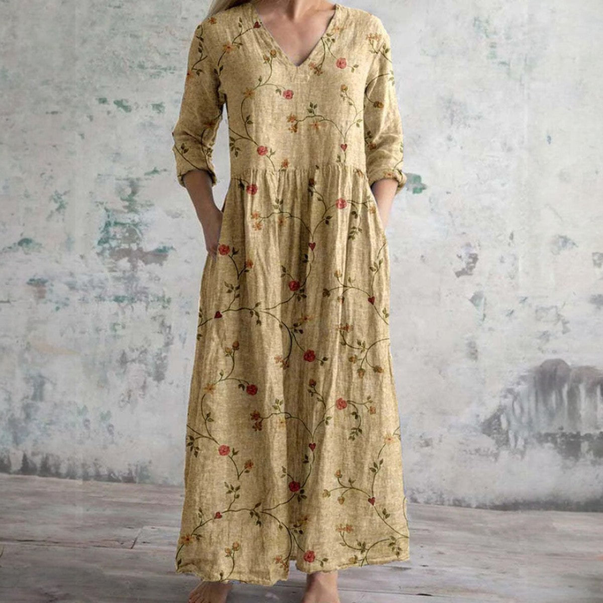 Vestido largo mujer con escote en V y mangas para invitada - Mavetta