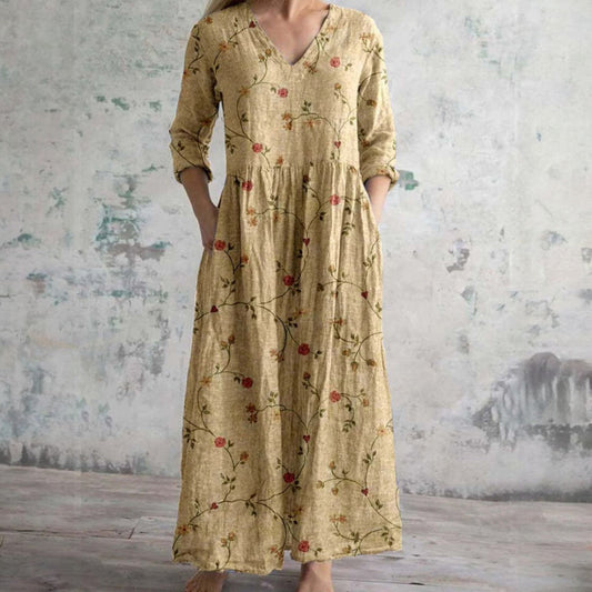 Vestido largo mujer con escote en V y mangas para invitada - Mavetta