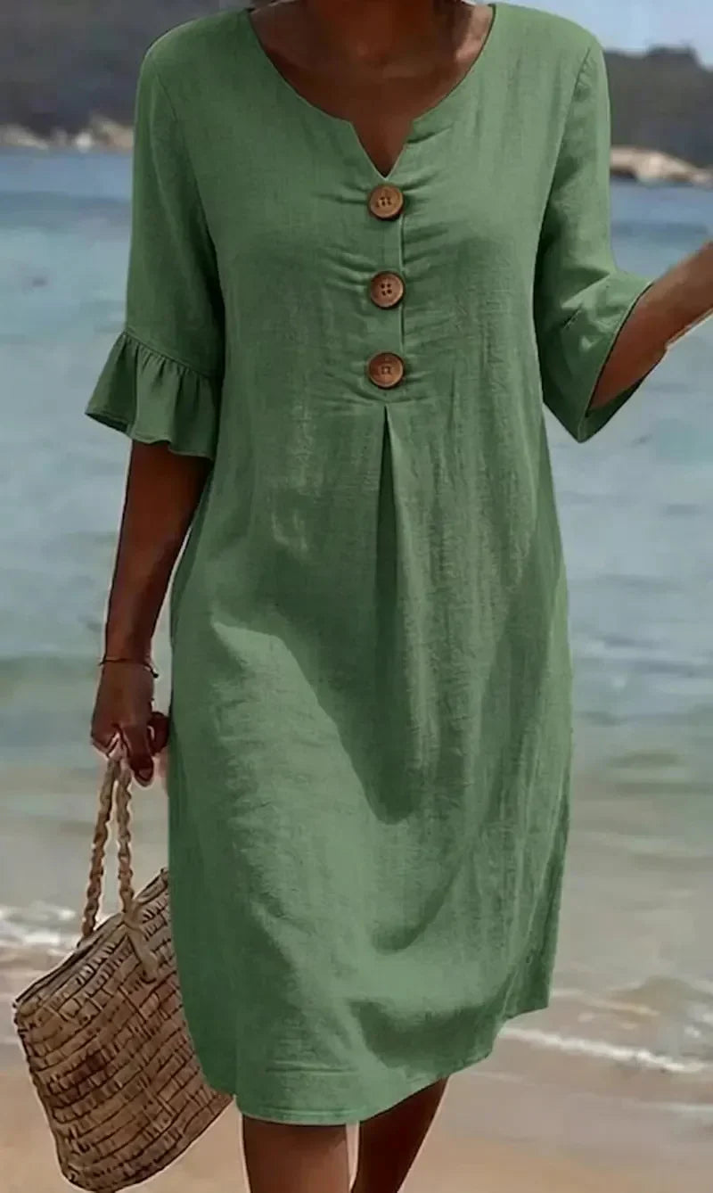Vestido mujer de lino manga abullonada estilo fresco