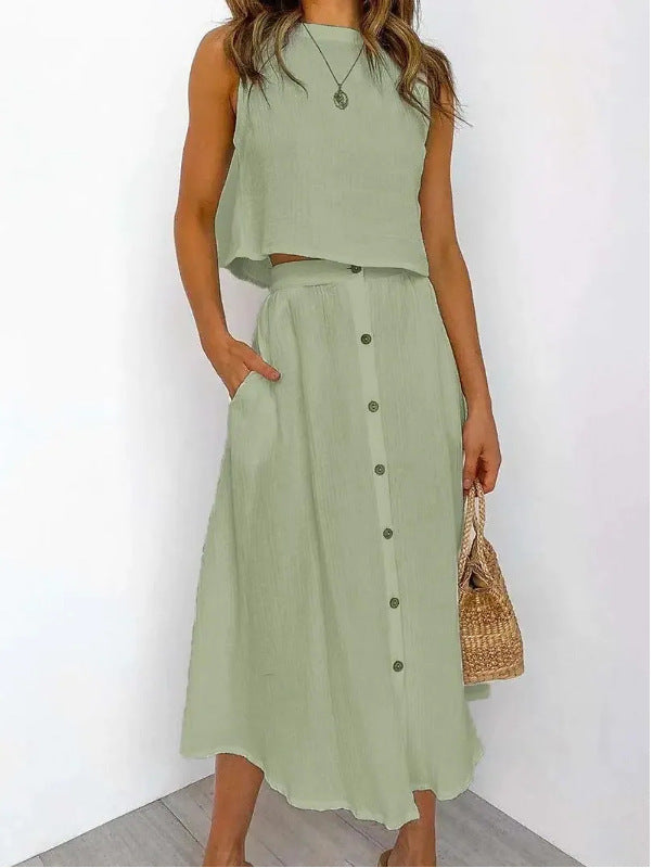 Conjunto Mujer Blusa y Falda Botones Casual Primavera Verano