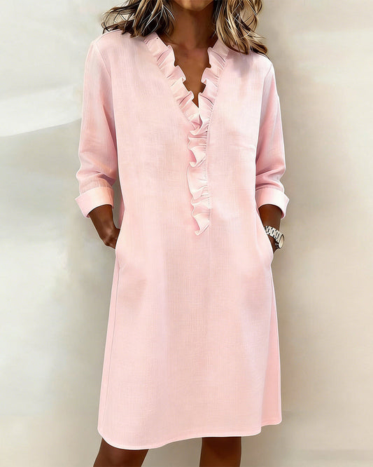 Vestido mujer lino algodón escote en V volantes casual - Mavetta