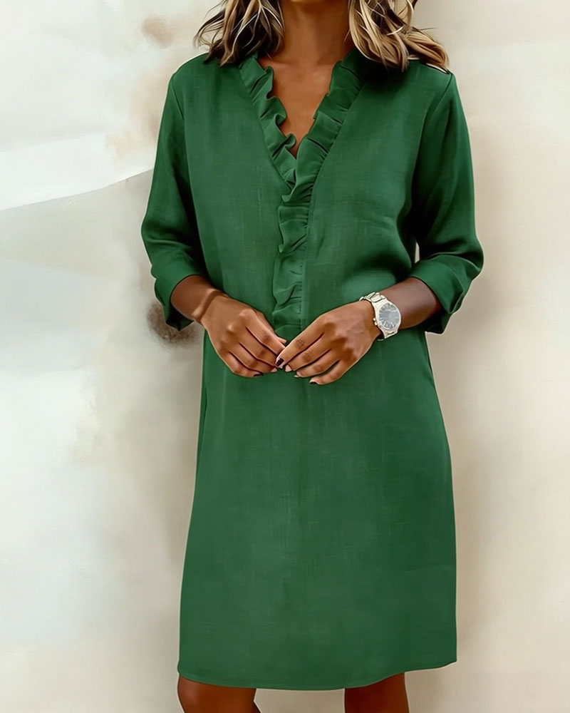 Vestido mujer lino algodón escote en V volantes casual