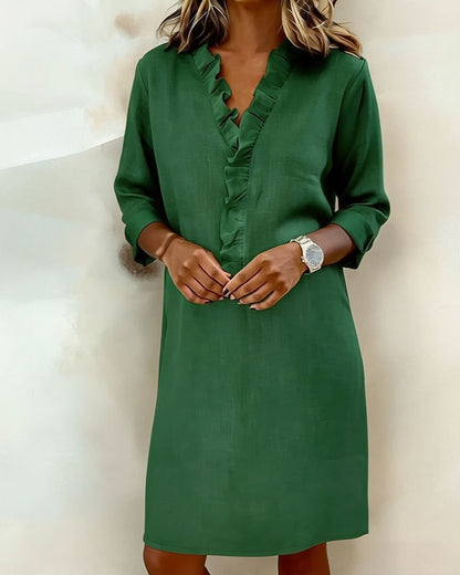Vestido mujer lino algodón escote en V volantes casual