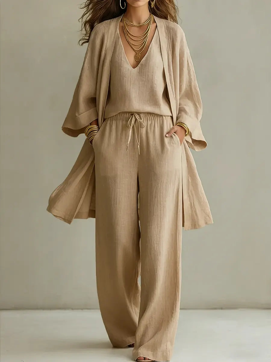 Conjunto mujer de algodón y lino tres piezas estilo minimalista