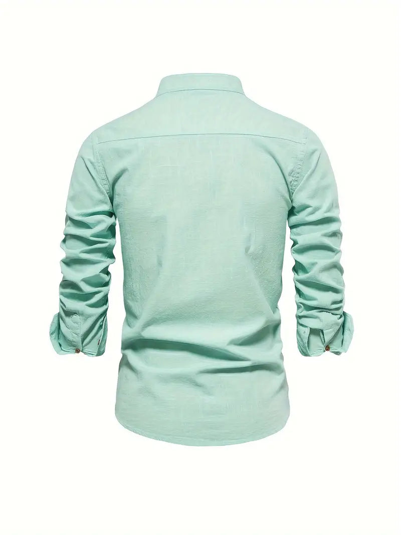 Camisa Hombre Slim Fit Algodón Cuello Mao Manga Larga