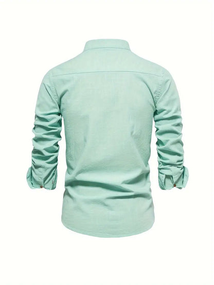 Camisa Hombre Slim Fit Algodón Cuello Mao Manga Larga
