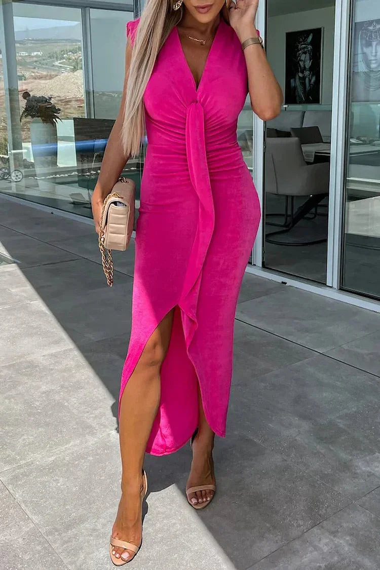 Vestido Mujer con Escote en V y Pliegues Asimétricos