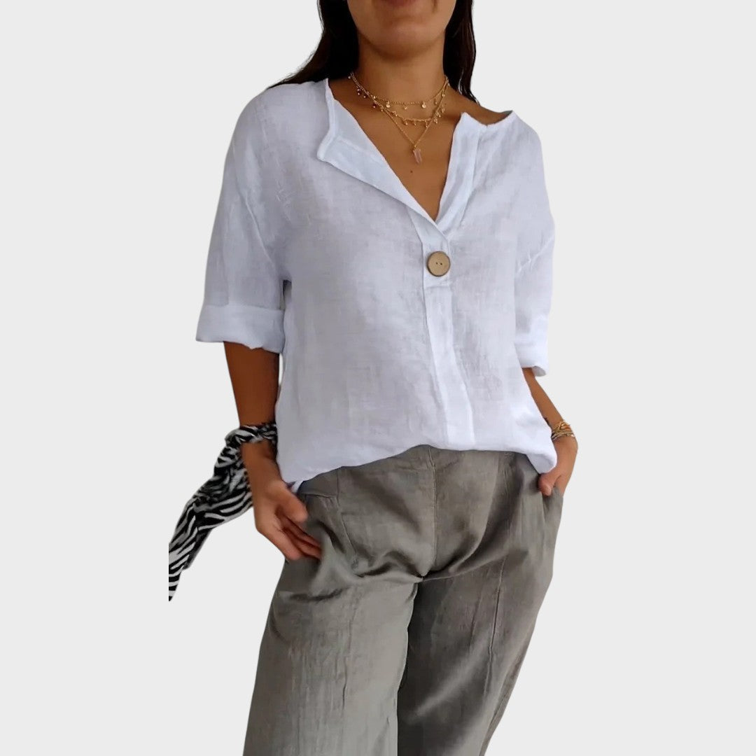 Blusa Mujer de Lino Escote en V Casual Elegante