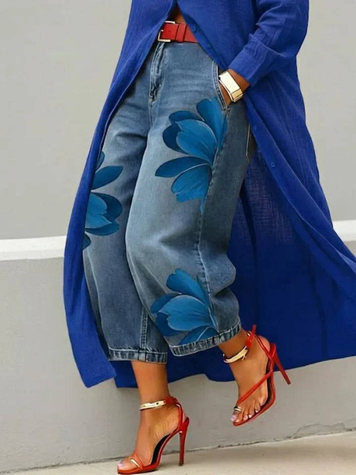 Conjunto Mujer Camisa Larga y Jeans Estampado Floral