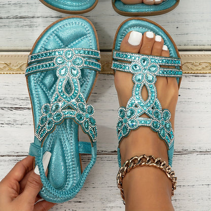 Sandalias Planas Mujer con Flores y Strass