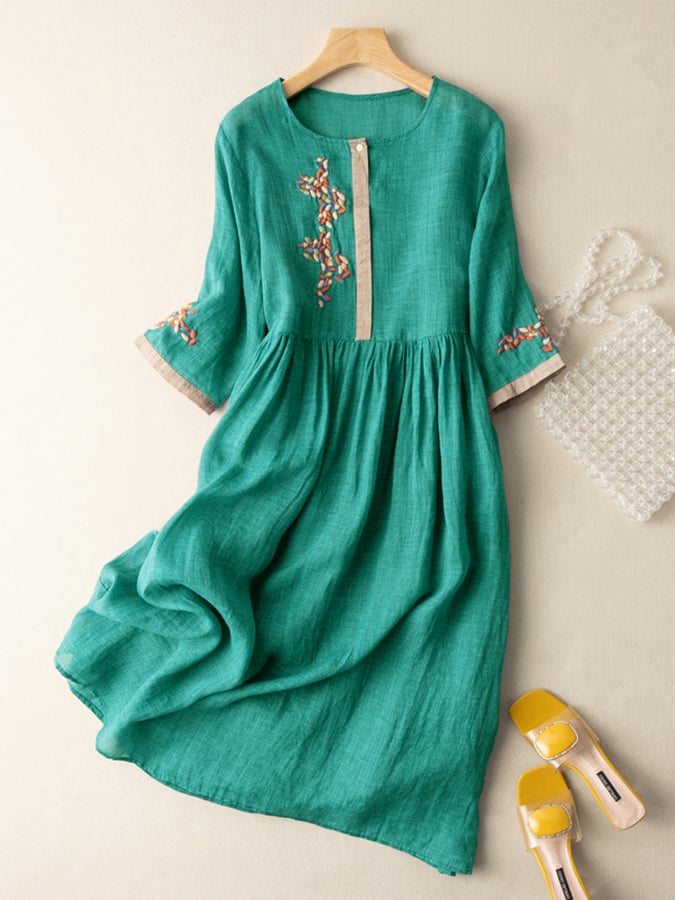 Vestido Mujer Bordado Manga Larga Cuello Redondo